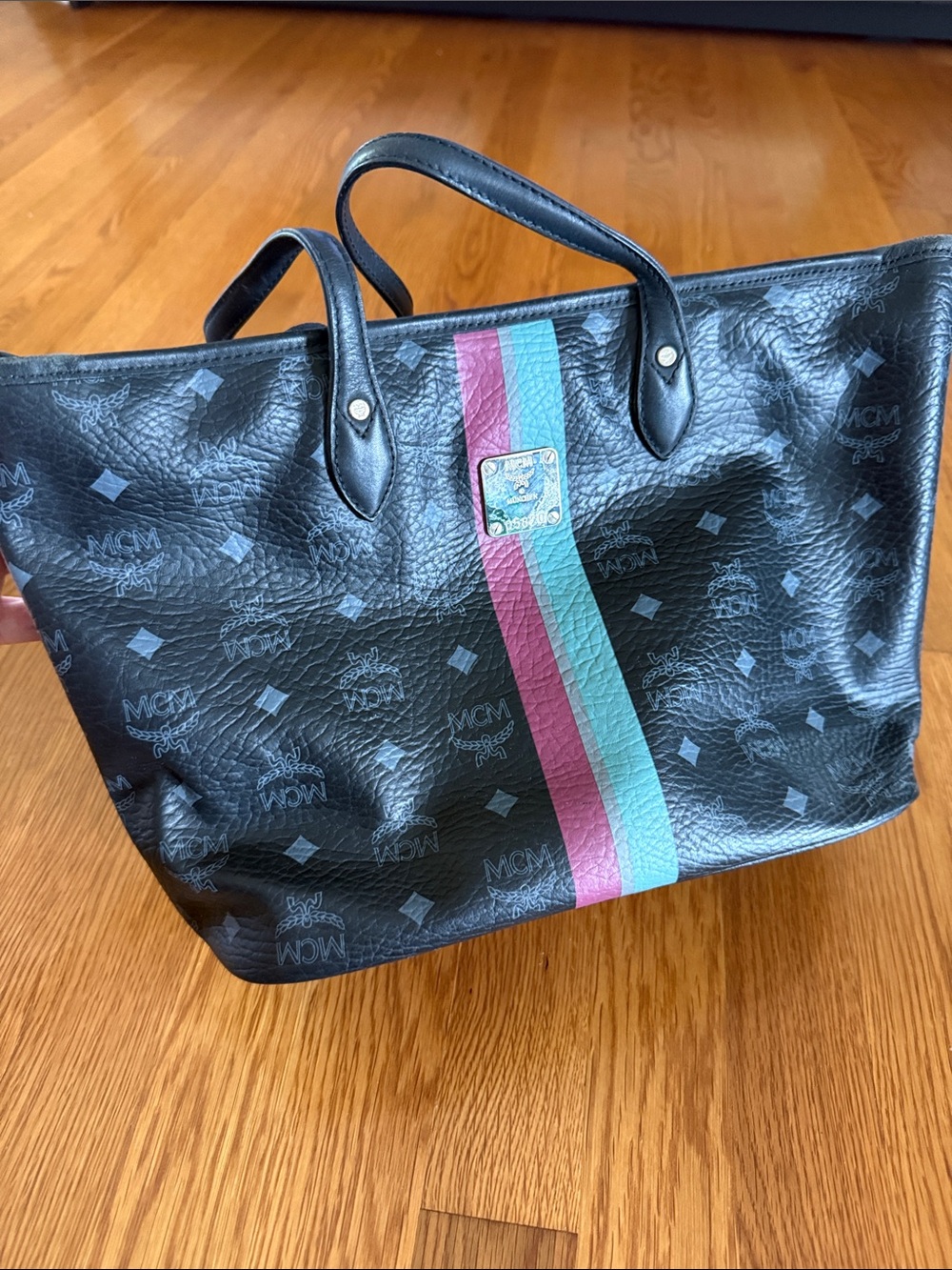 MCM Black Tote with Pink and Teal Center Stripe